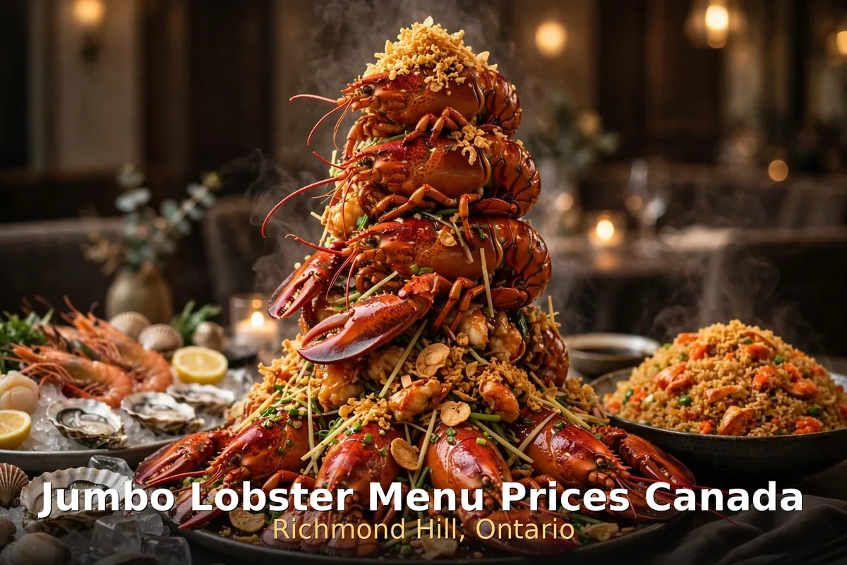 Jumbo Lobster menu prices Canada 2026: lobster mountain tower with fried rice, oysters and shrimp in a Richmond Hill dining room