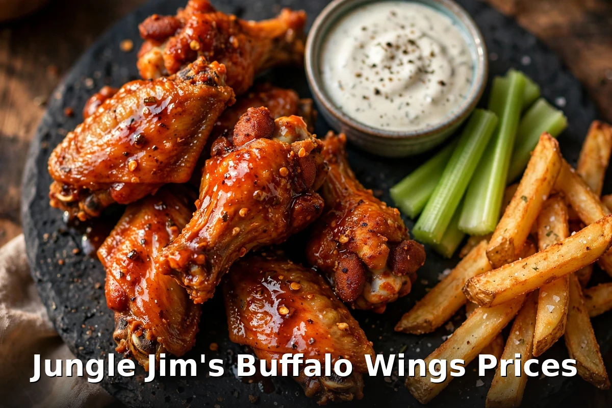 Jungle Jim's eatery buffalo wings prices: saucy buffalo wings with Jungle Jim's Buffalo Wings Prices text overlay