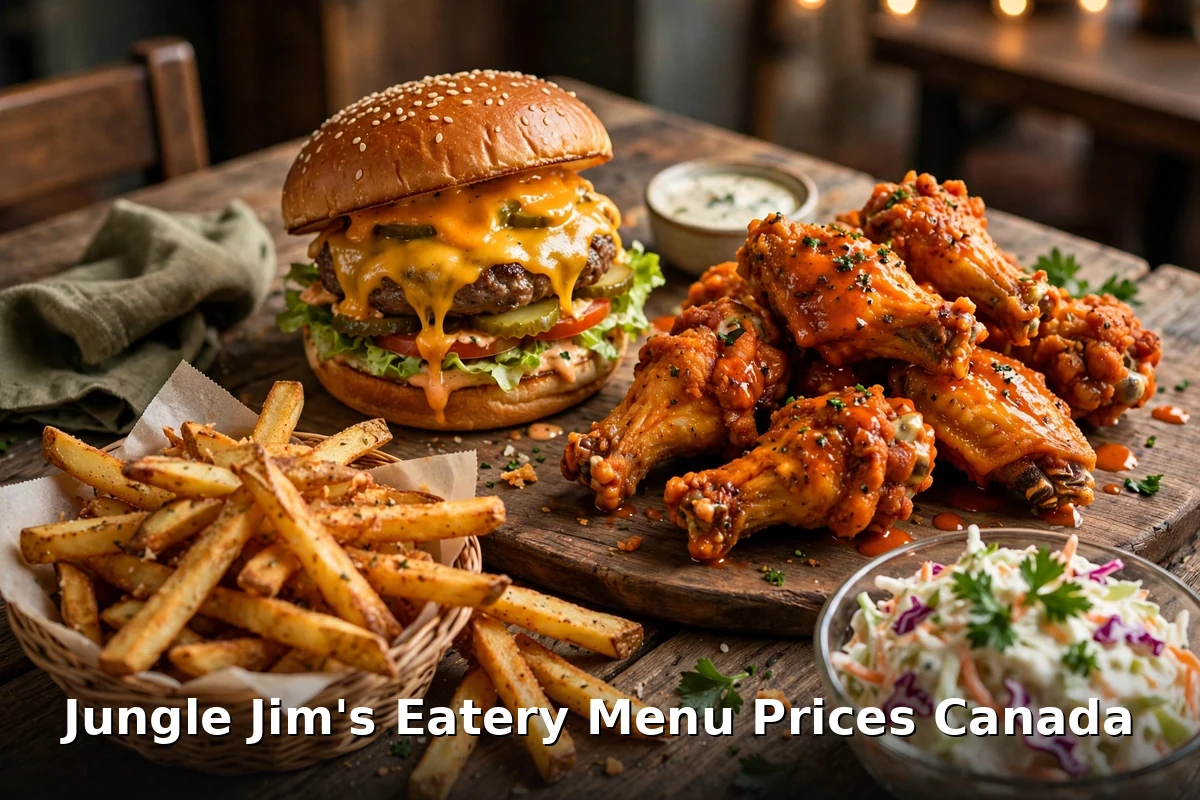 AI-generated safari-themed food spread with PIL text overlay, jungle jim's eatery menu prices canada 2026