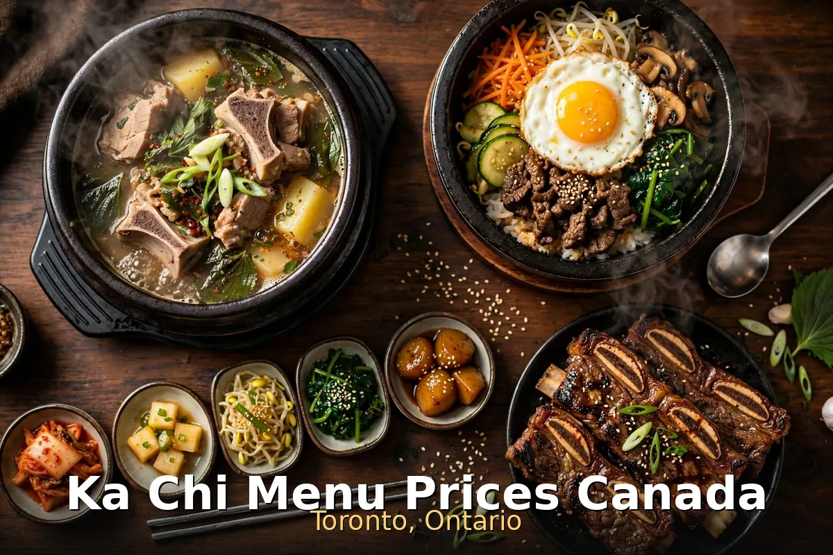 Steaming Korean stone pots of pork bone stew, bibimbap and grilled ribs, ka chi menu prices canada 2026