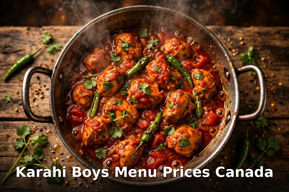 AI-generated chicken karahi photo with PIL text overlay, karahi boys menu prices canada 2026