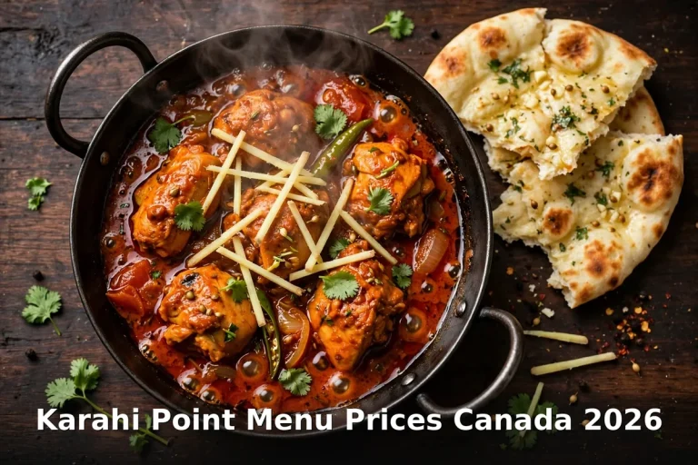 AI-generated sizzling chicken karahi photo with PIL text overlay, karahi point menu prices canada 2026