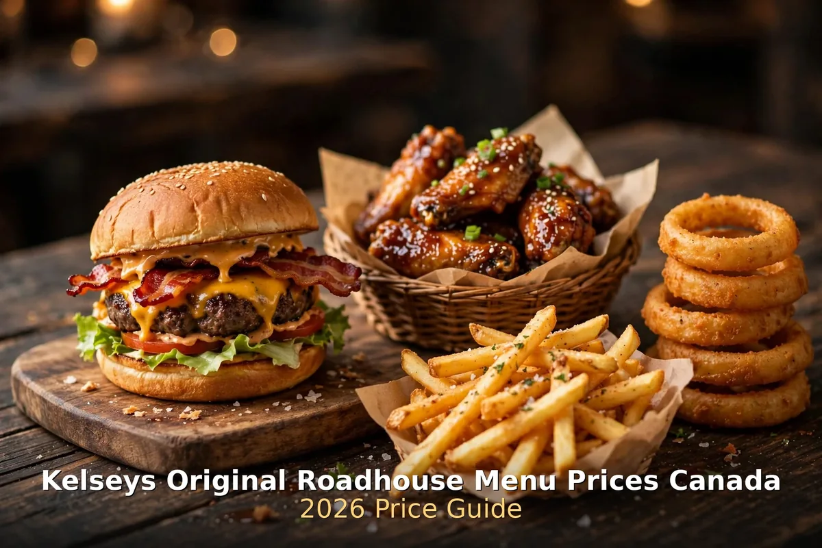 AI-generated roadhouse food photo with PIL text overlay, kelseys menu prices canada 2026
