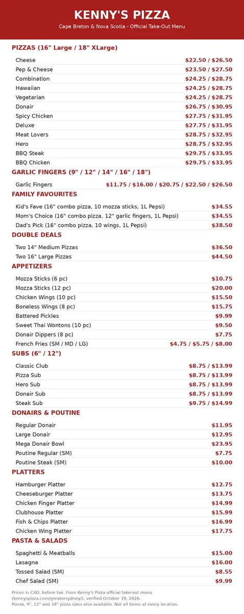 Kenny's Pizza menu prices Canada: current menu card with pizza sizes and CAD prices