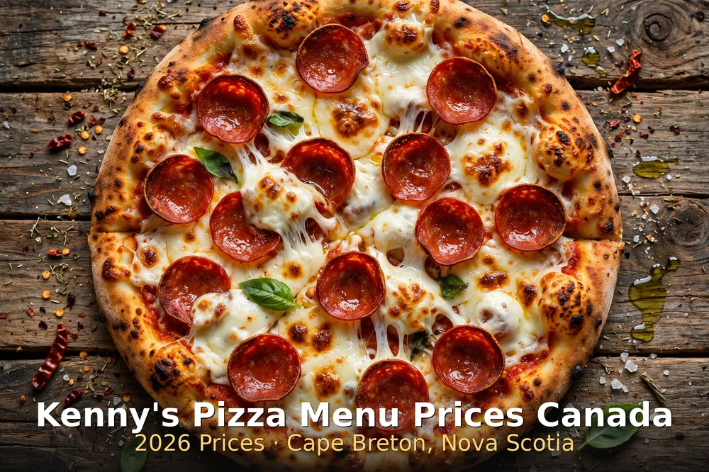 Kenny's Pizza menu prices Canada 2026: pepperoni pizza with Kenny's Pizza Menu Prices Canada 2026 overlay, Cape Breton Nova Scotia