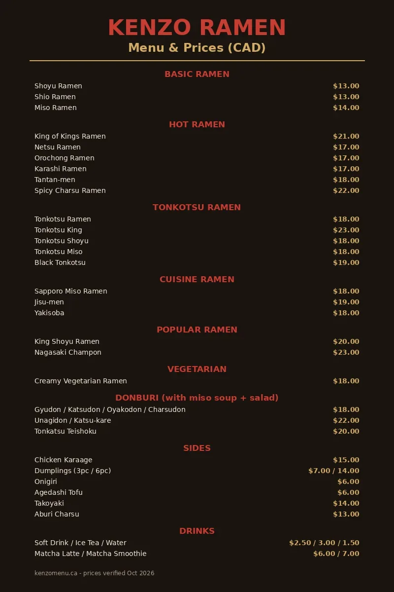 Kenzo Ramen official menu card showing ramen bowls, donburi, sides, toppings and drink prices in CAD, kenzo ramen menu prices canada