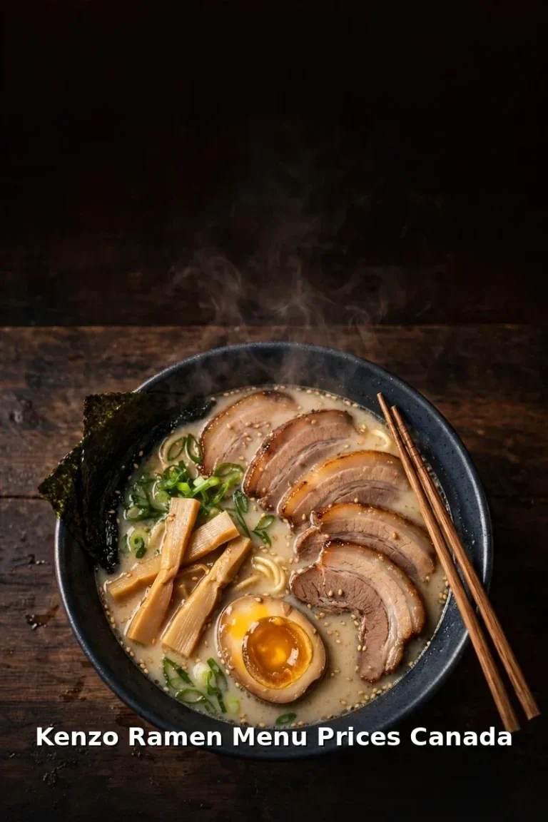 Steaming bowl of Kenzo ramen with chashu pork, marinated egg and nori, kenzo ramen menu prices canada 2026