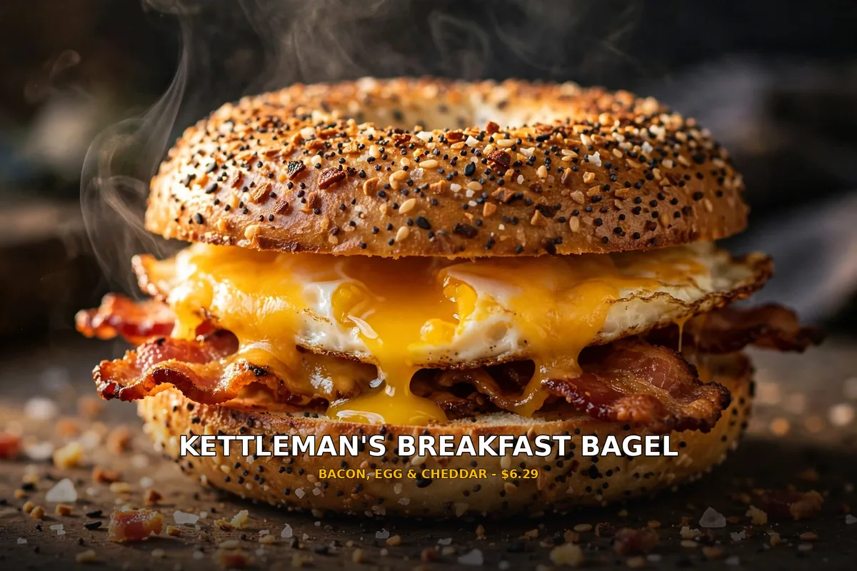 Toasted Kettleman's breakfast bagel sandwich with egg, melted cheddar and bacon, kettleman's bagel breakfast prices canada