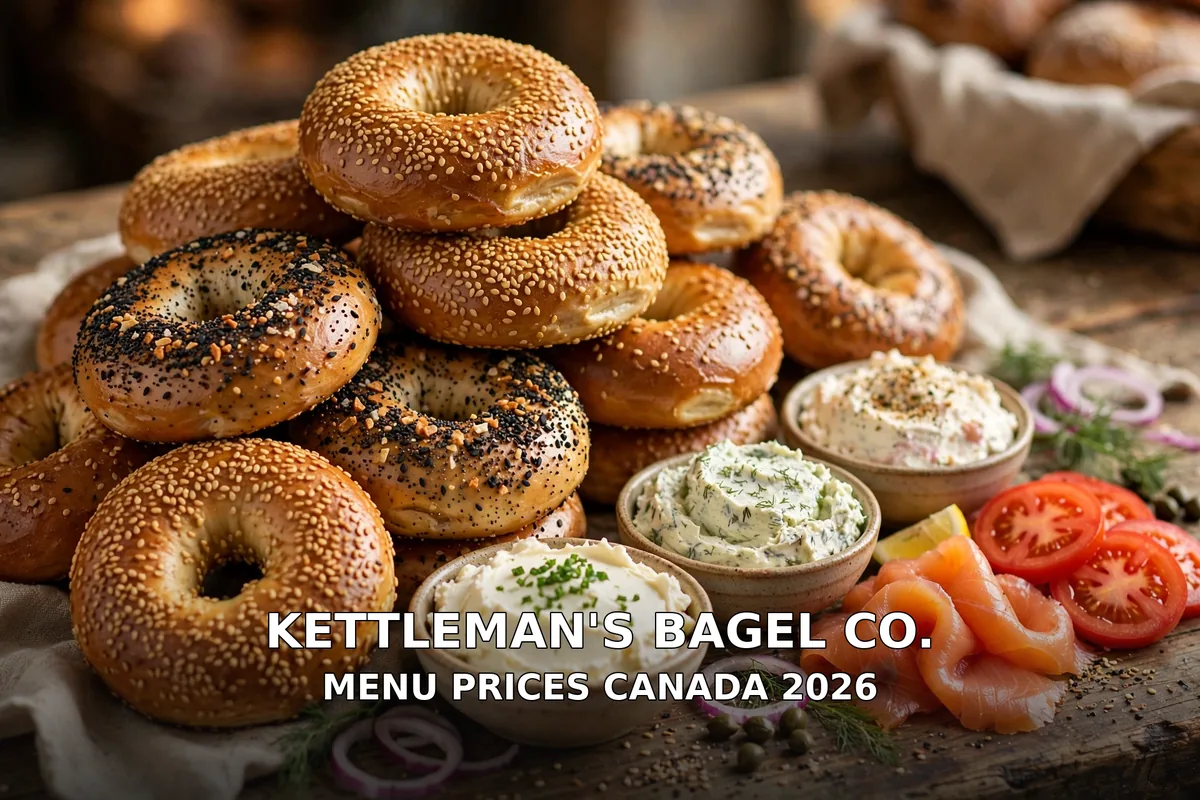 Fresh Montreal-style bagels with cream cheese spreads and smoked salmon, kettleman's bagel menu prices canada