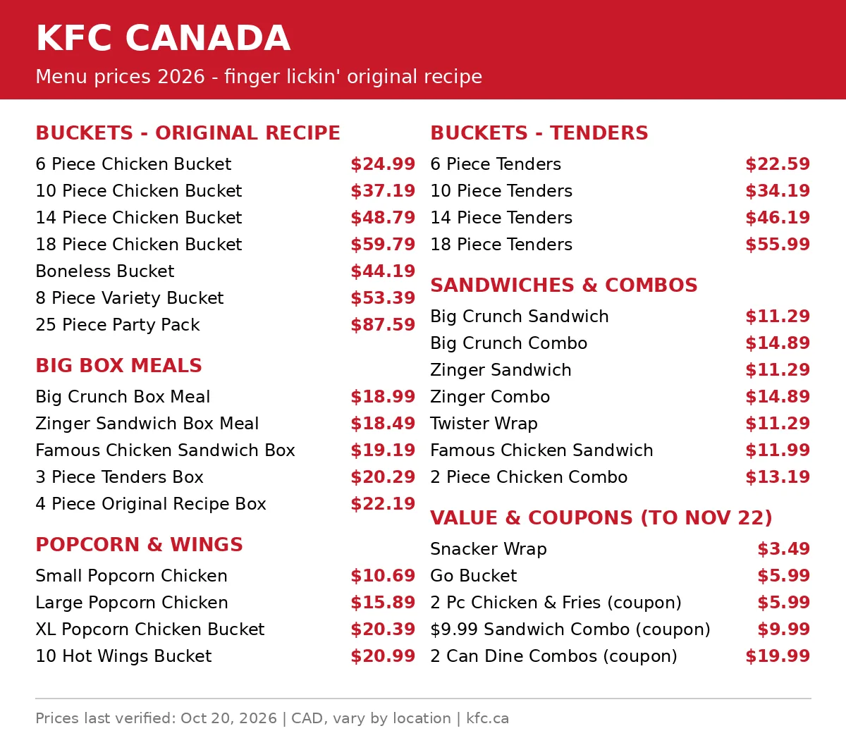 KFC Canada menu card with prices 2026