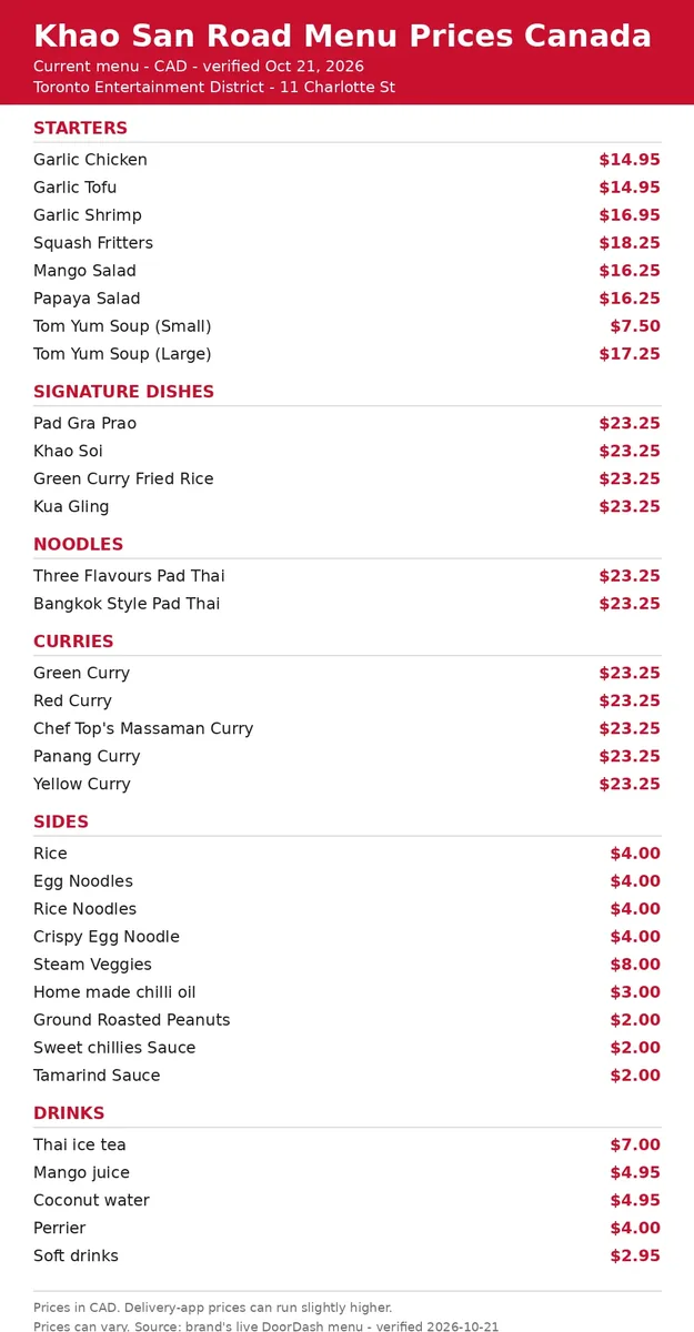 Khao San Road menu card with current Canadian prices, khao san road menu prices canada