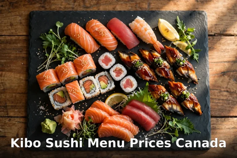Kibo Sushi Menu Prices Canada 2026: sushi platter with salmon nigiri, tuna nigiri, shrimp nigiri, salmon rolls, unagi rolls, wasabi and pickled ginger on a black slate