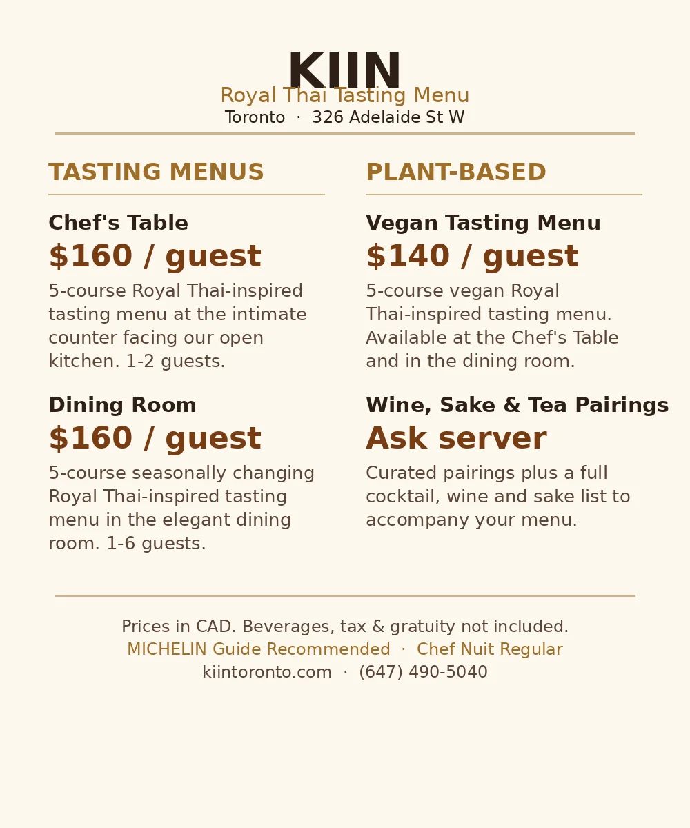 Kiin official tasting menu card showing Royal Thai tasting menu $160 and vegan tasting menu $140 in CAD, kiin menu prices canada