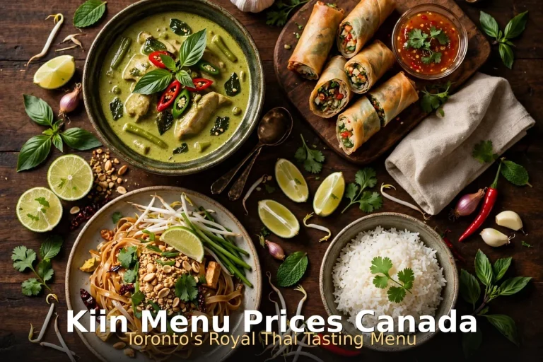 Royal Thai tasting spread with green curry and spring rolls at Kiin Toronto, kiin menu prices canada 2026