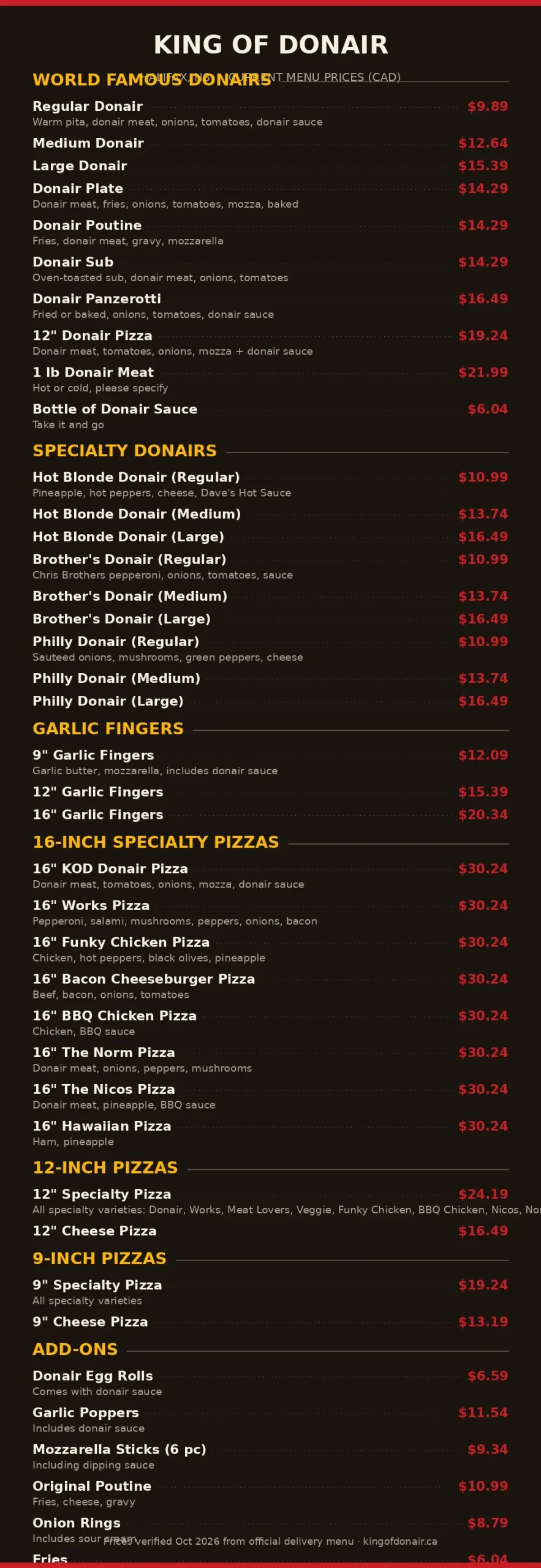 king of donair menu prices canada: current King of Donair menu card with donair sizes, specialty donairs, donair pizzas, garlic fingers, sides and drinks prices in CAD