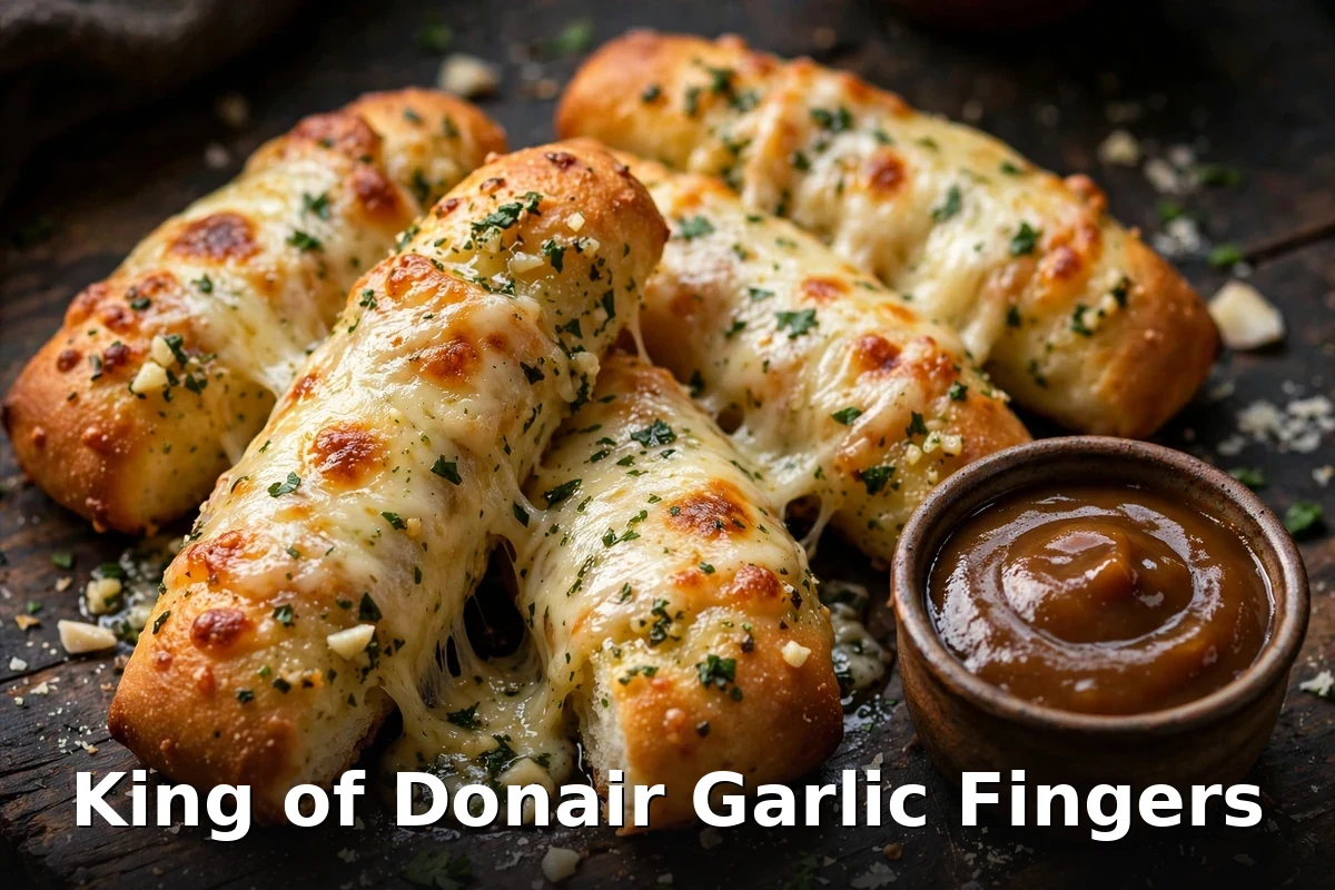 king of donair garlic fingers canada: baked garlic fingers with melted mozzarella and donair sauce for dipping