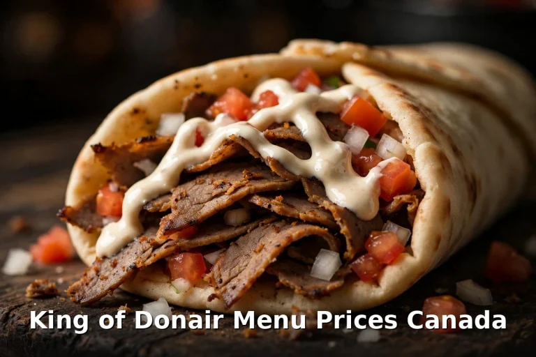 king of donair menu prices canada 2026: donair wrap pita with shaved donair meat, tomatoes, onions and sweet donair sauce drizzle on dark background
