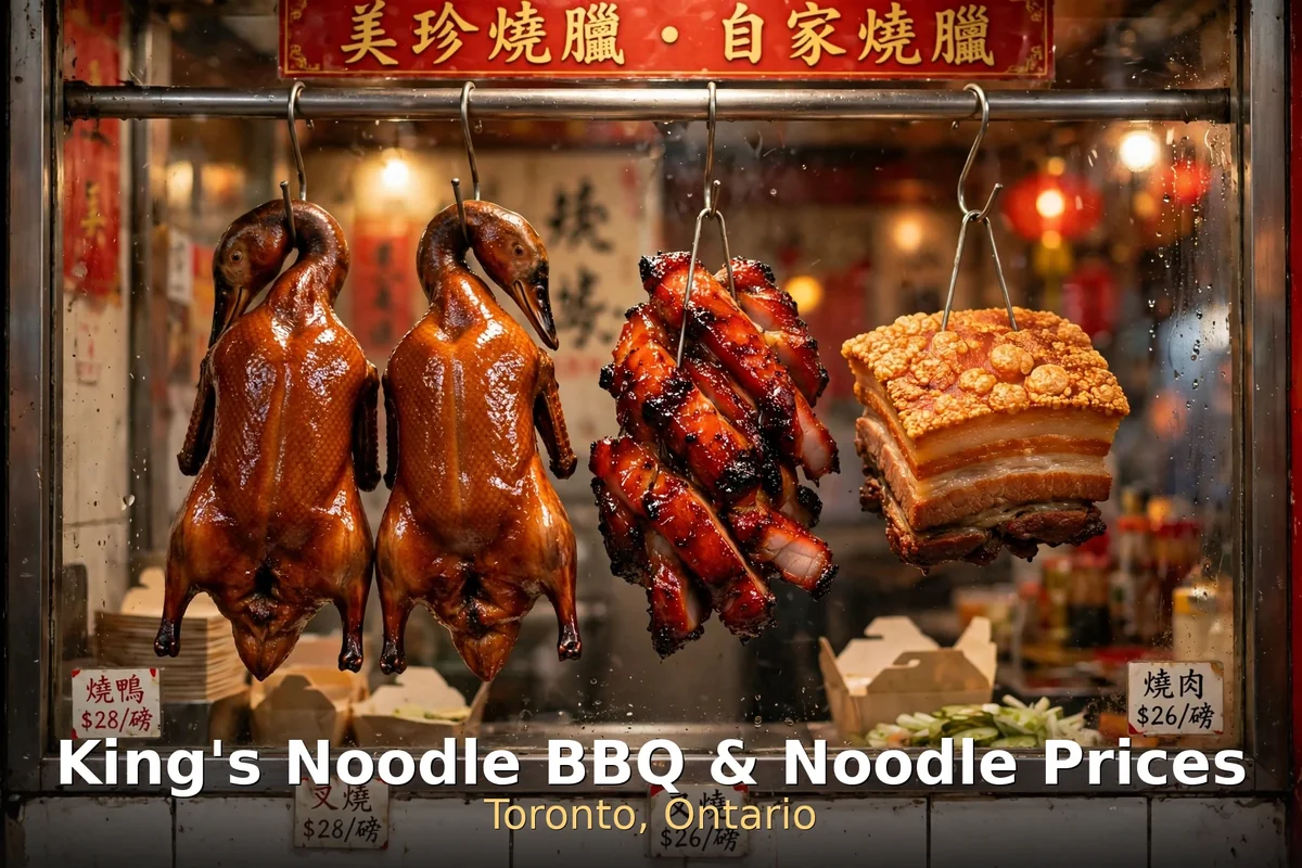 Cantonese BBQ window with roast duck hanging, kings noodle wonton noodle prices canada