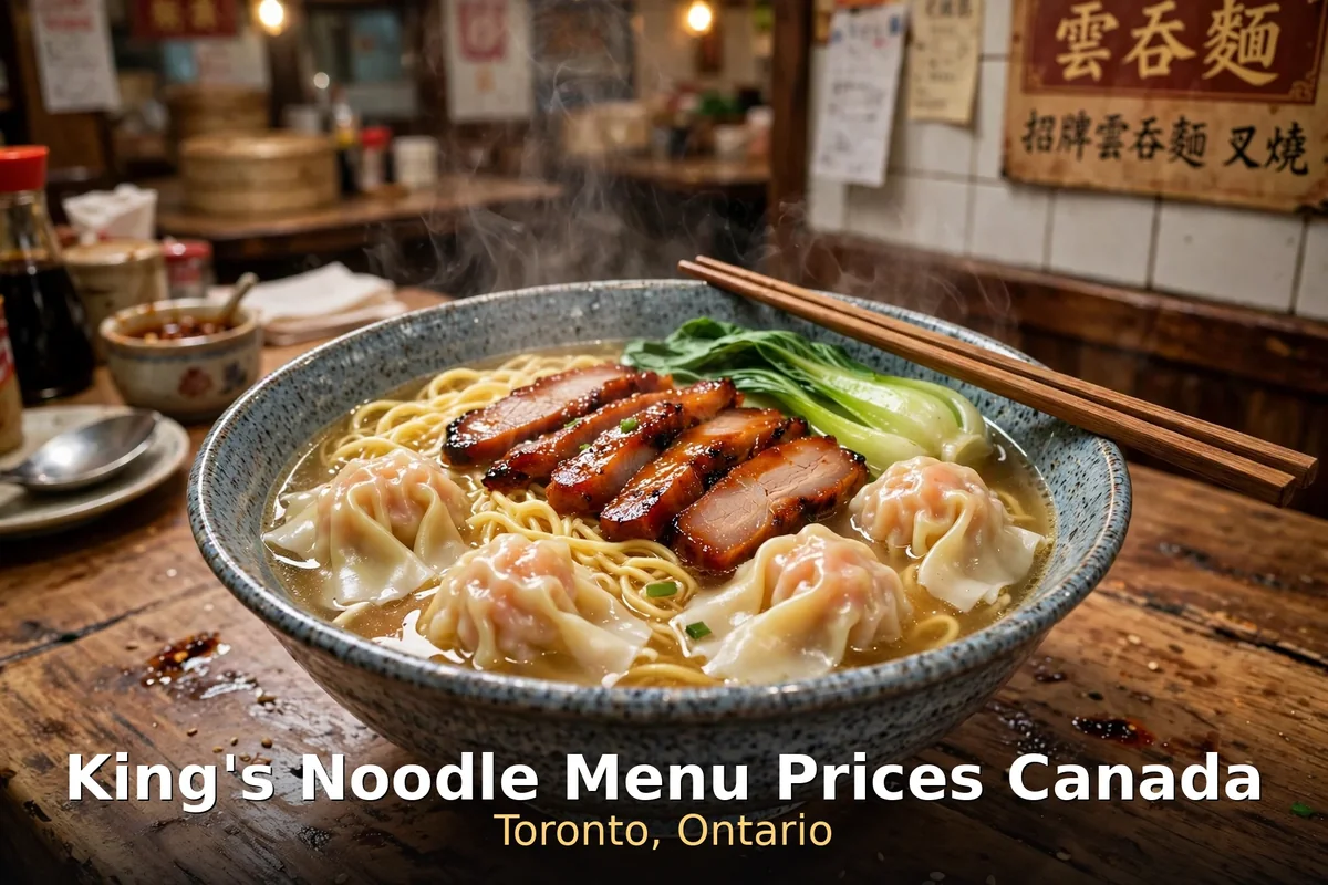 kings noodle menu prices canada 2026: steaming bowl of wonton noodle soup with roast duck, kings noodle menu prices canada