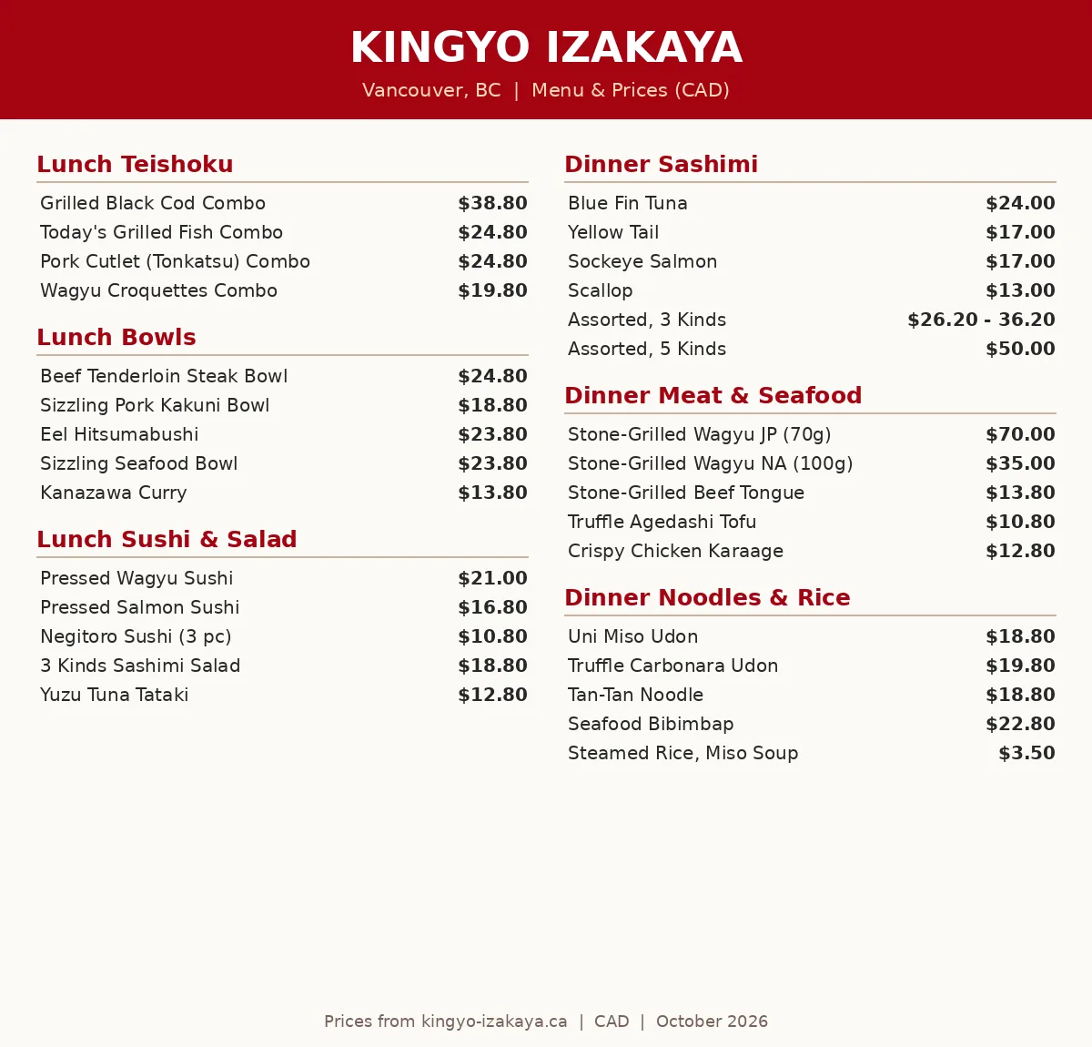Kingyo Izakaya menu prices Canada 2026: current menu card with CAD lunch and dinner prices