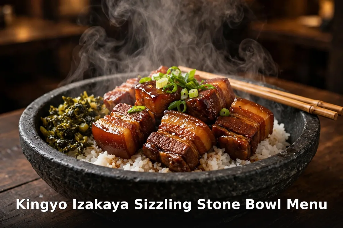 Kingyo Izakaya menu prices Canada: sizzling stone pork kakuni bowl with braised pork belly on rice