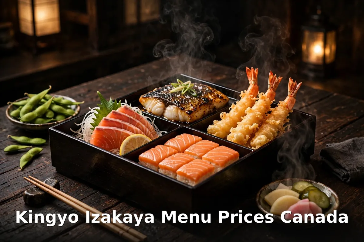 Kingyo Izakaya menu prices Canada 2026: izakaya feast with sashimi, grilled fish and shrimp tempura bento on a dark wood table