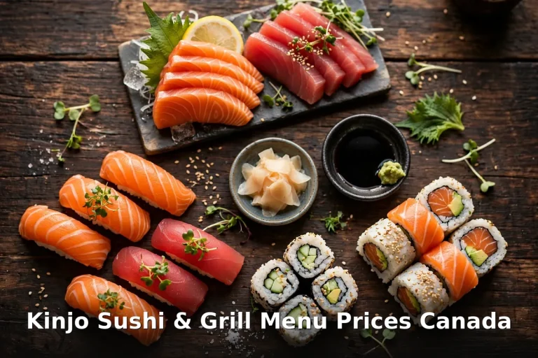 Sushi nigiri and maki platter with Kinjo Sushi and Grill Menu Prices Canada title, kinjo menu prices canada 2026