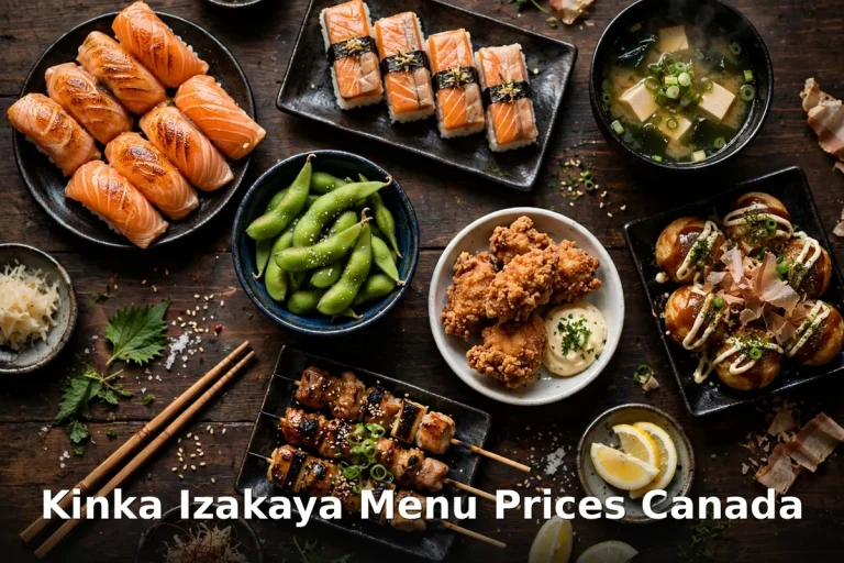 Kinka Izakaya menu prices Canada 2026: izakaya food spread with aburi salmon sushi, karaage and yakitori skewers