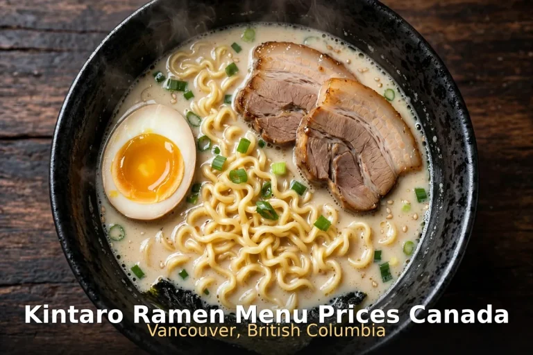 AI photo of tonkotsu ramen bowl with Kintaro Ramen Menu Prices Canada text overlay, kintaro ramen menu prices canada 2026