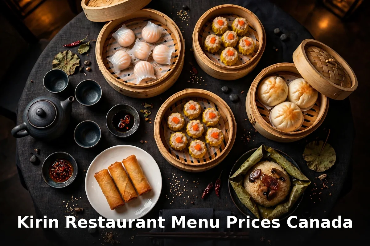Kirin restaurant menu prices Canada: dim sum spread with har gow, siu mai, barbecue pork buns and sticky rice in lotus leaf