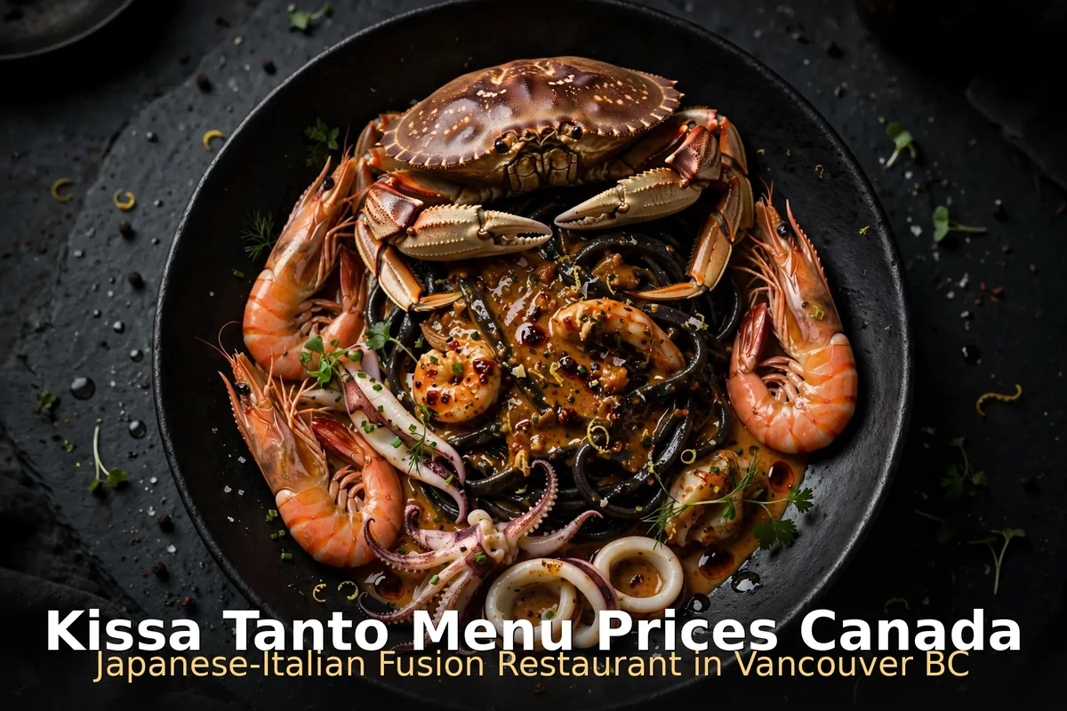 Kissa Tanto menu prices Canada 2026 featured: AI-generated charcoal udon with seafood, Charcoal Udon dish photography with PIL keyword overlay