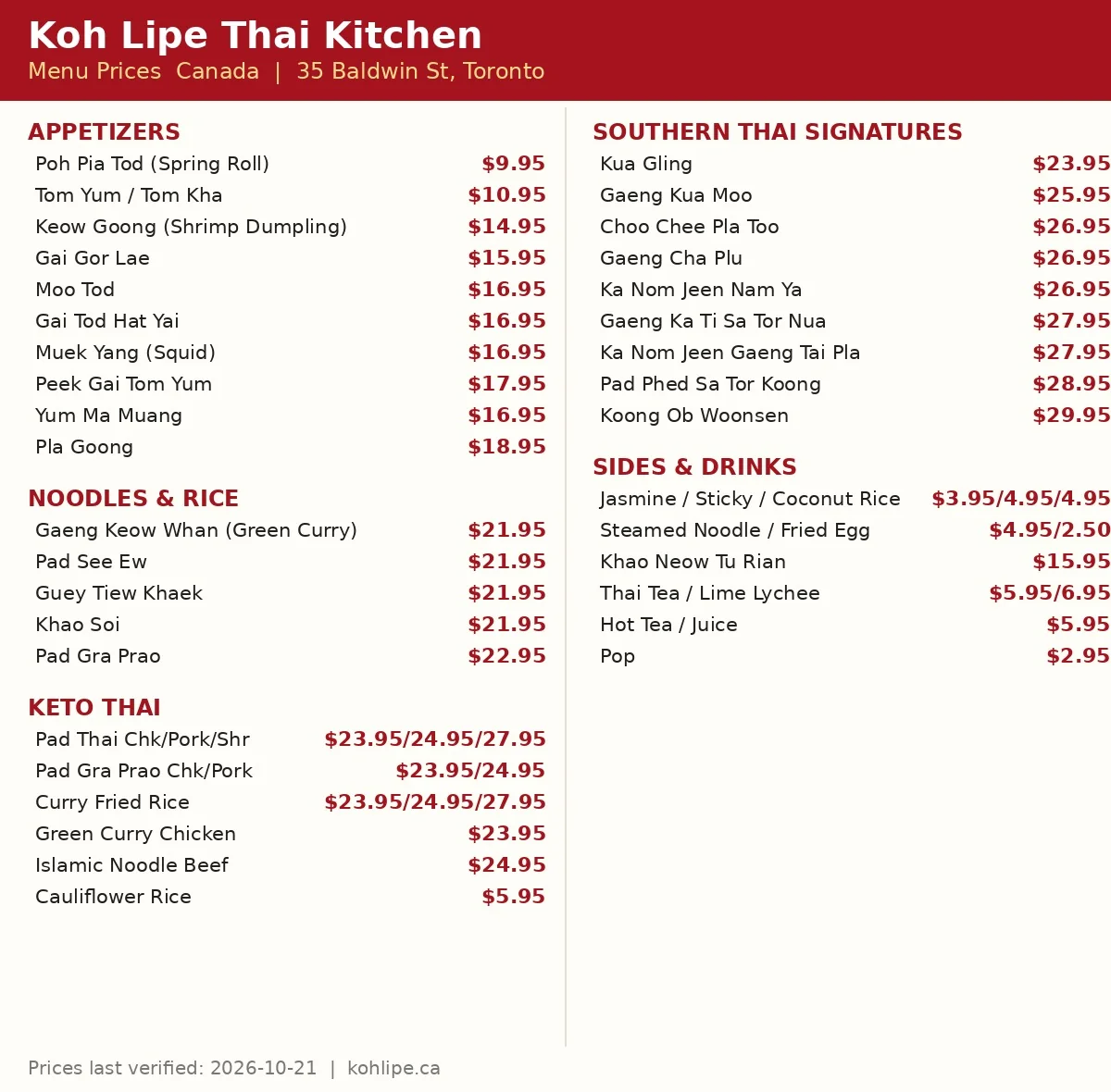 Koh Lipe Thai Kitchen menu card Canada 2026: Southern Thai signatures, noodles, keto Thai and sides prices in CAD, Koh Lipe Thai Kitchen menu prices Canada