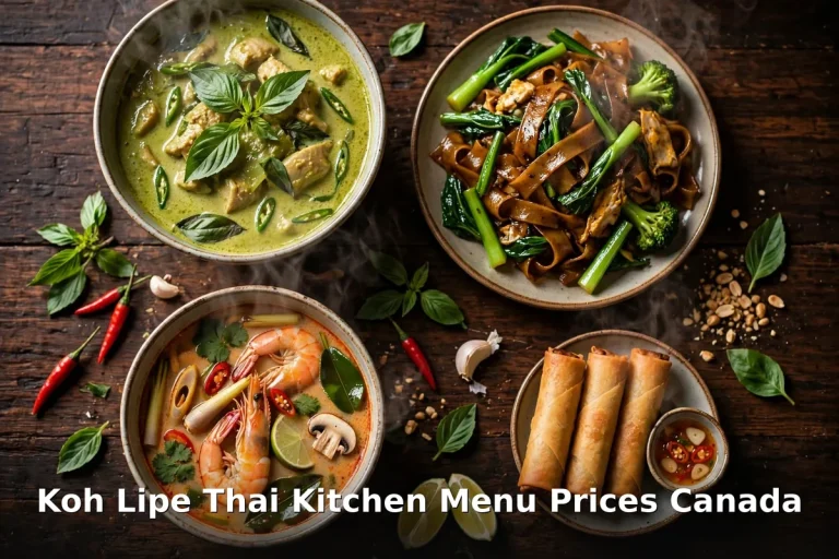 Koh Lipe Thai Kitchen menu prices Canada 2026: Southern Thai green curry, tom yum shrimp soup, pad see ew noodles and spring rolls, Koh Lipe Thai Kitchen Menu Prices Canada
