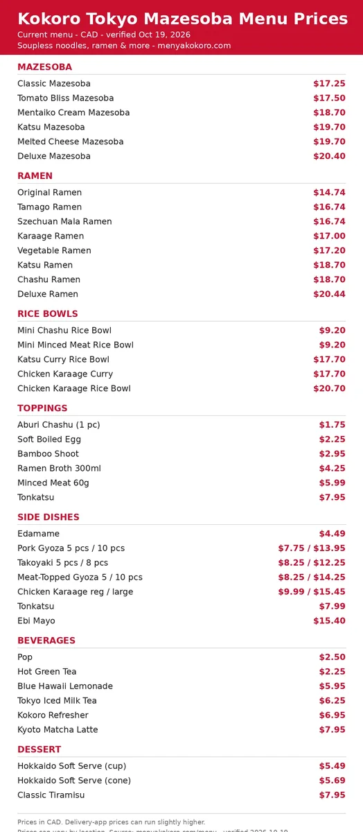 Kokoro Tokyo Mazesoba menu prices Canada: full current menu card with CAD prices