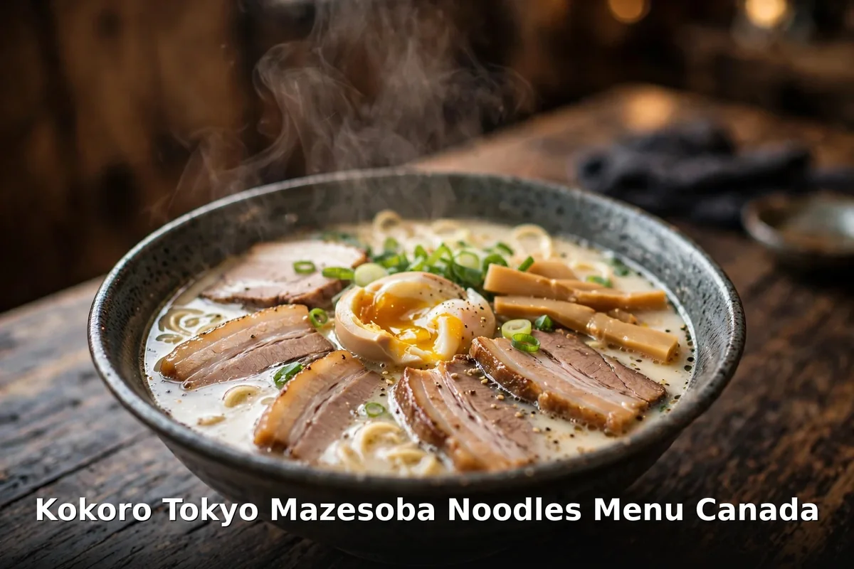 Kokoro Tokyo Mazesoba menu prices Canada: chashu ramen bowl with soft boiled egg, kokoro tokyo mazesoba noodles menu canada