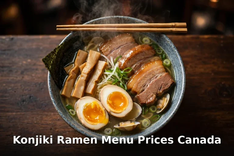Konjiki Ramen menu prices Canada 2026: steaming clam broth ramen bowl with chashu pork and soft egg