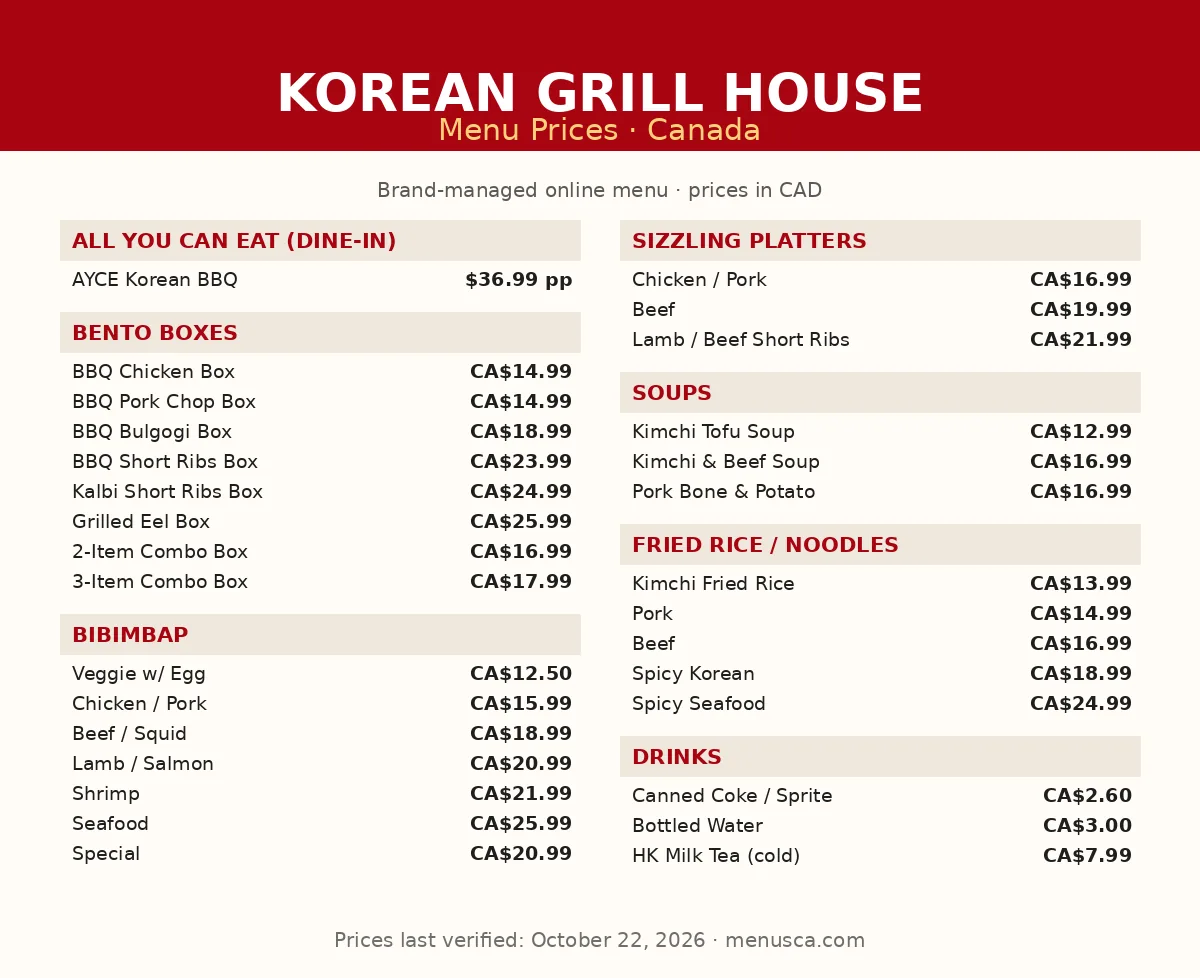 Korean Grill House official menu card showing Korean BBQ bento and bibimbap prices in CAD, korean grill house prices canada