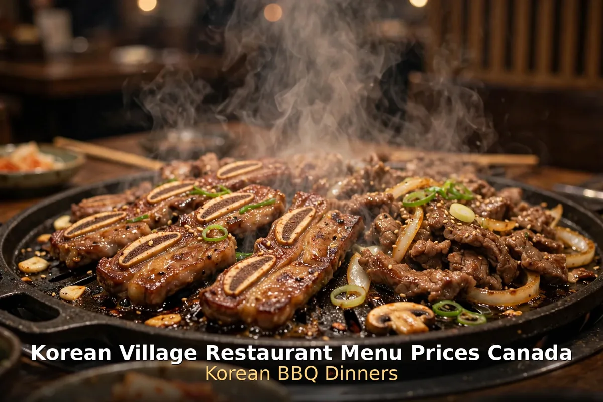 Korean BBQ spread with grilled kalbi and banchan at Korean Village Restaurant Toronto, korean village menu prices canada