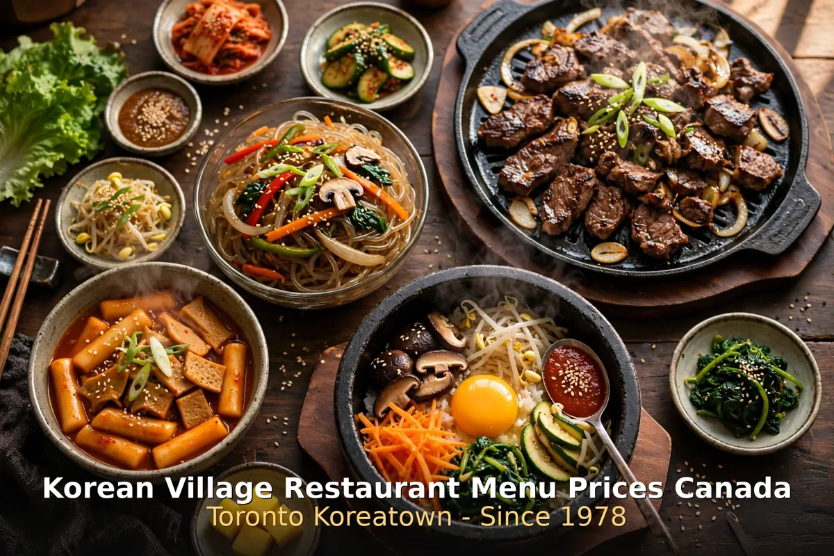 Grilled Korean BBQ spread with kalbi and side dishes at Korean Village Restaurant Toronto, korean village restaurant prices canada 2026