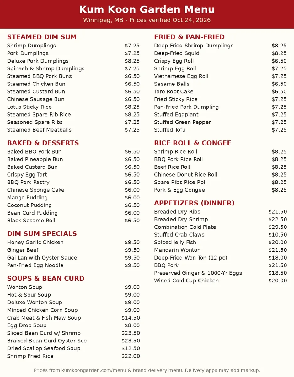 Kum Koon Garden menu card with current Canadian prices, kum koon garden menu prices canada