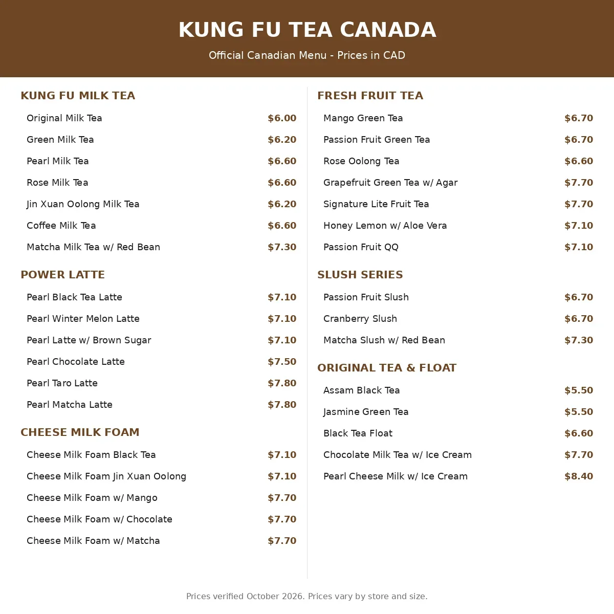 Kung Fu Tea menu prices Canada: official current Canadian menu card with milk tea, latte, cheese foam, fruit tea and slush prices