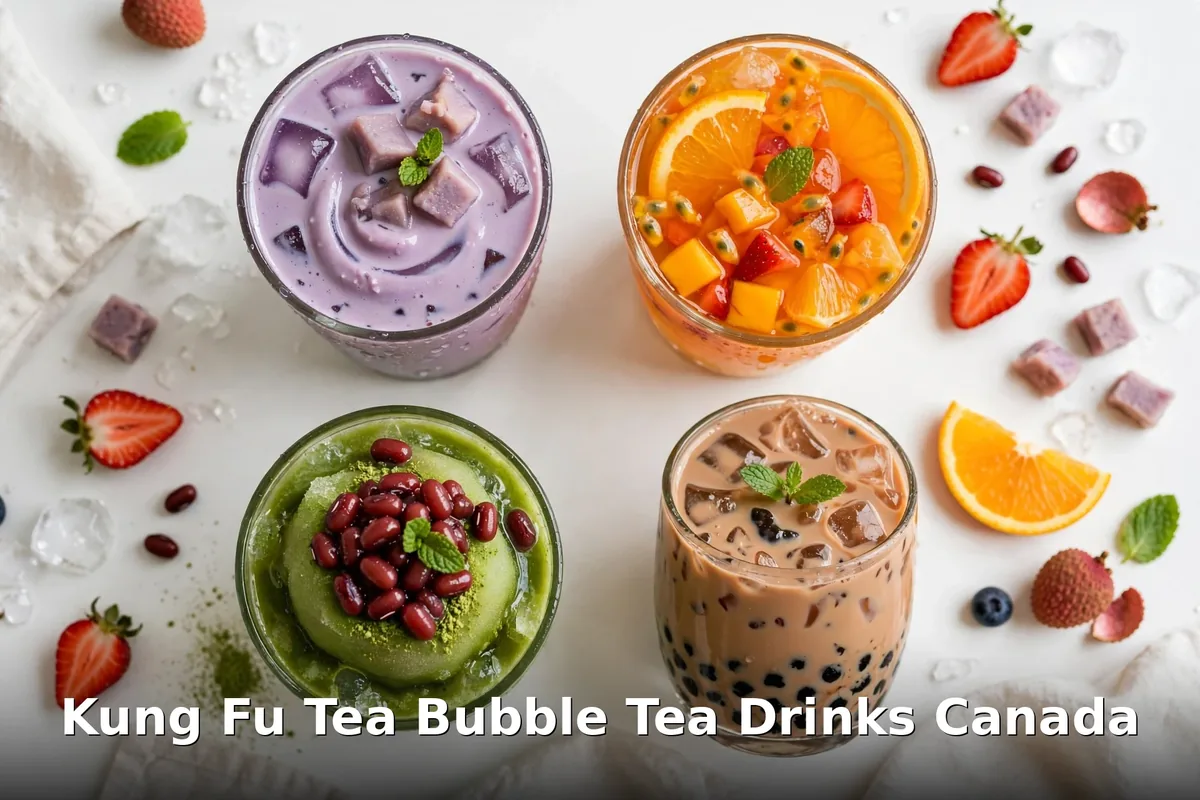 Kung Fu Tea bubble tea drinks Canada menu prices: taro slush, fruit tea, matcha drink and pearl milk tea from above