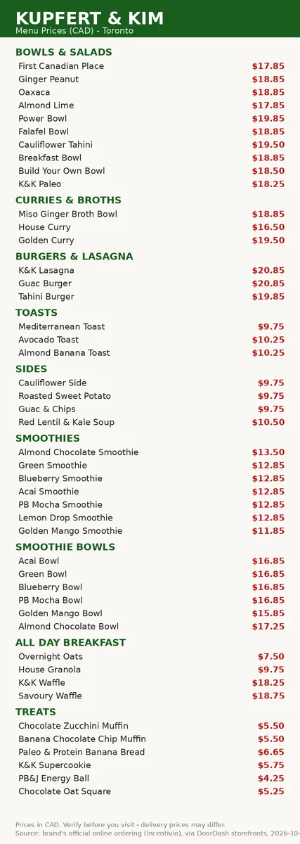 Kupfert & Kim menu card with current Canadian prices, kupfert kim menu prices canada
