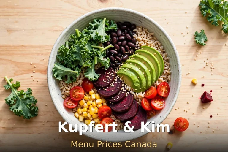 Kupfert & Kim menu prices Canada 2026: plant-based grain bowl with avocado and tahini