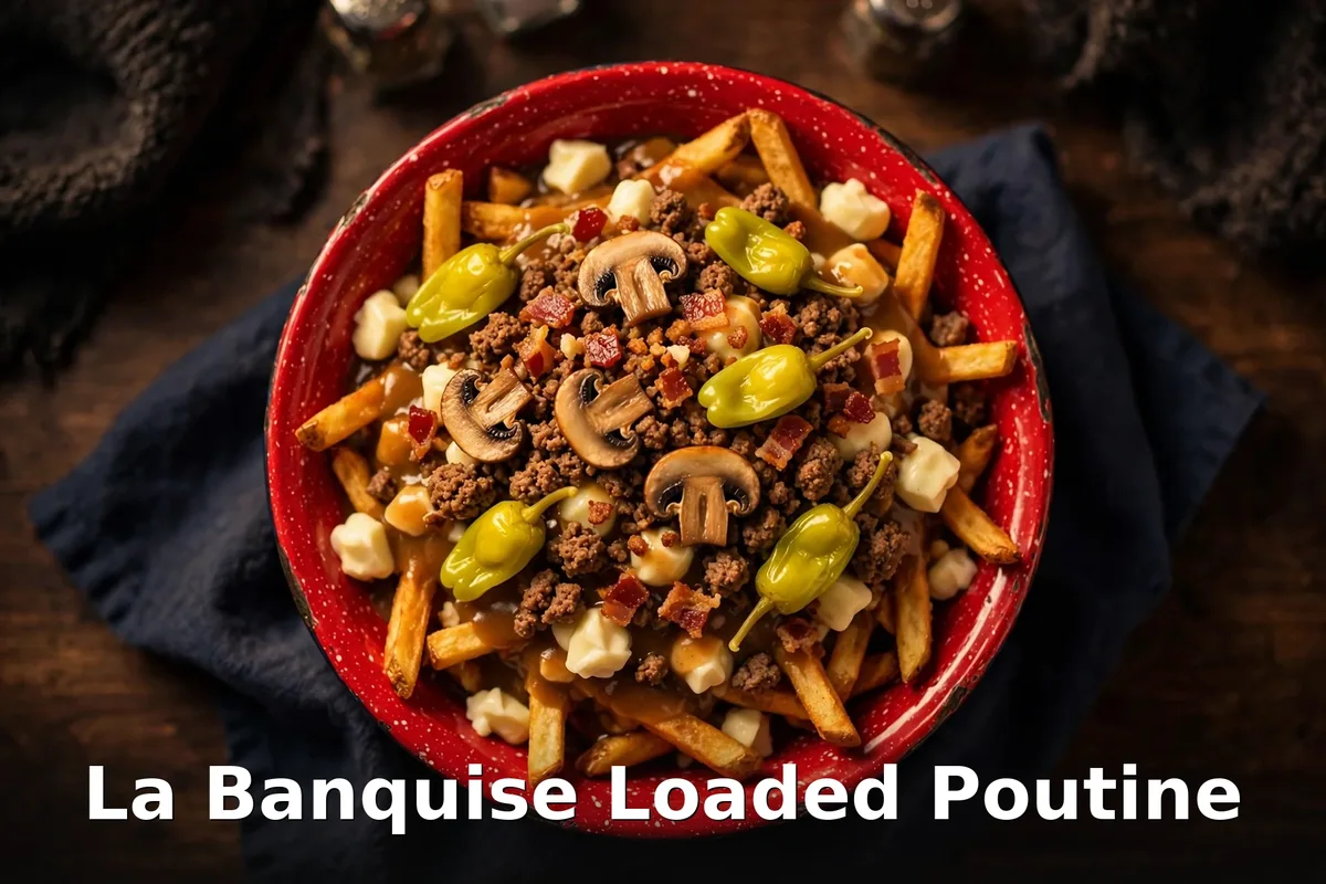 Loaded La Banquise poutine with ground beef, mushrooms, peppers and cheese curds, la banquise loaded poutine prices canada
