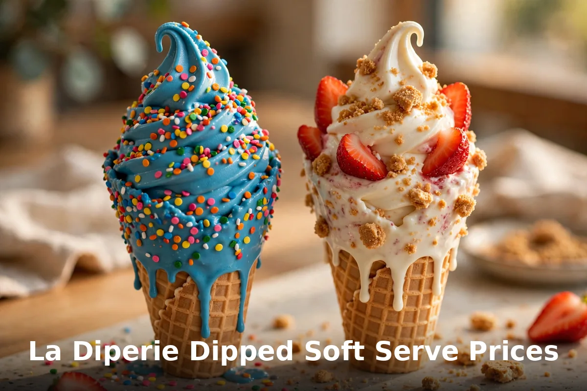 Chocolate-dipped soft serve cones with sprinkles and strawberries, la diperie dipped soft serve menu prices