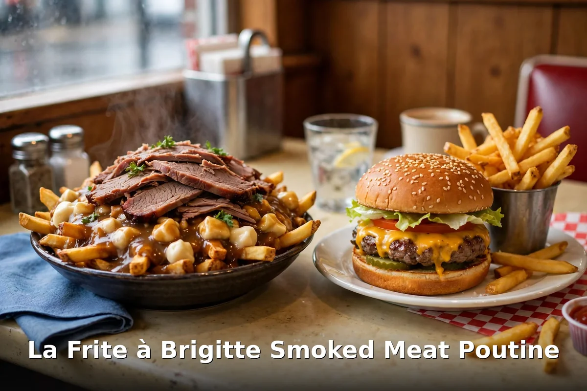 La Frite à Brigitte smoked meat poutine with sliced smoked meat, cheese curds and gravy beside a cheeseburger and fries at a Quebec casse-croute