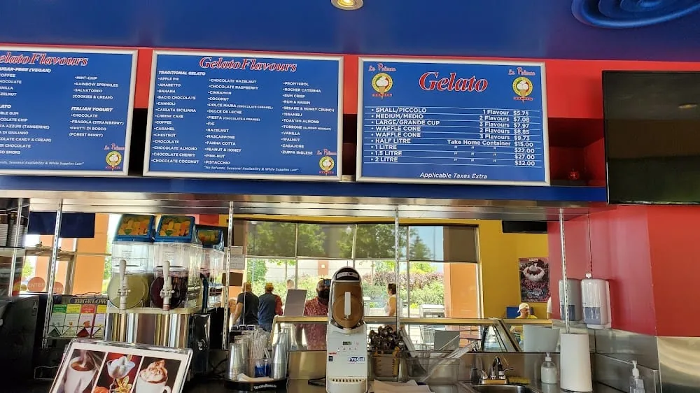 La Paloma Gelateria in-store menu board photo: gelato prices $5.75 to $32, la paloma gelateria menu prices canada