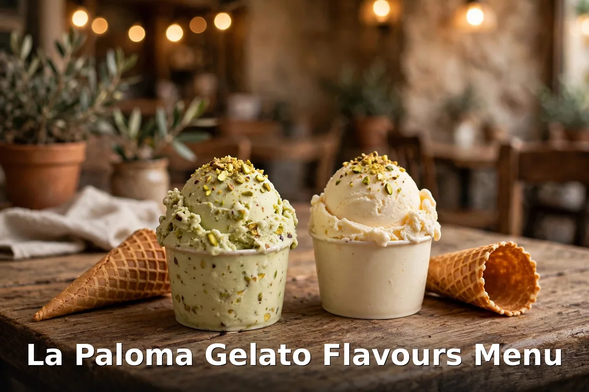 La Paloma Gelato Flavours Menu: pistachio and vanilla gelato cups with waffle cones, la paloma gelateria menu prices canada
