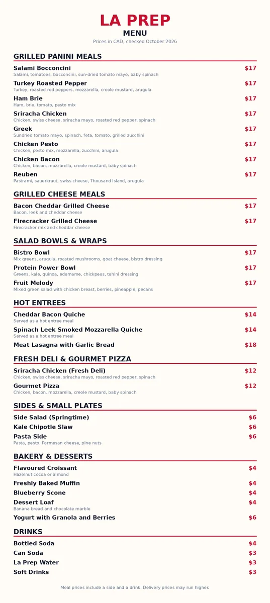 la prep menu prices canada: current La Prep menu card with panini, salad, quiche and bakery prices in CAD